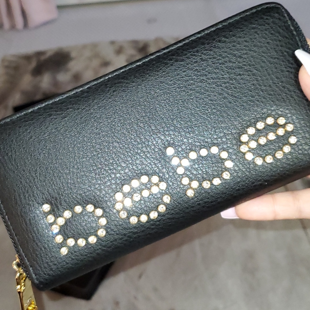 bebe Rhinestone Logo Zip Around Wallet - Black - Picture 4 of 13